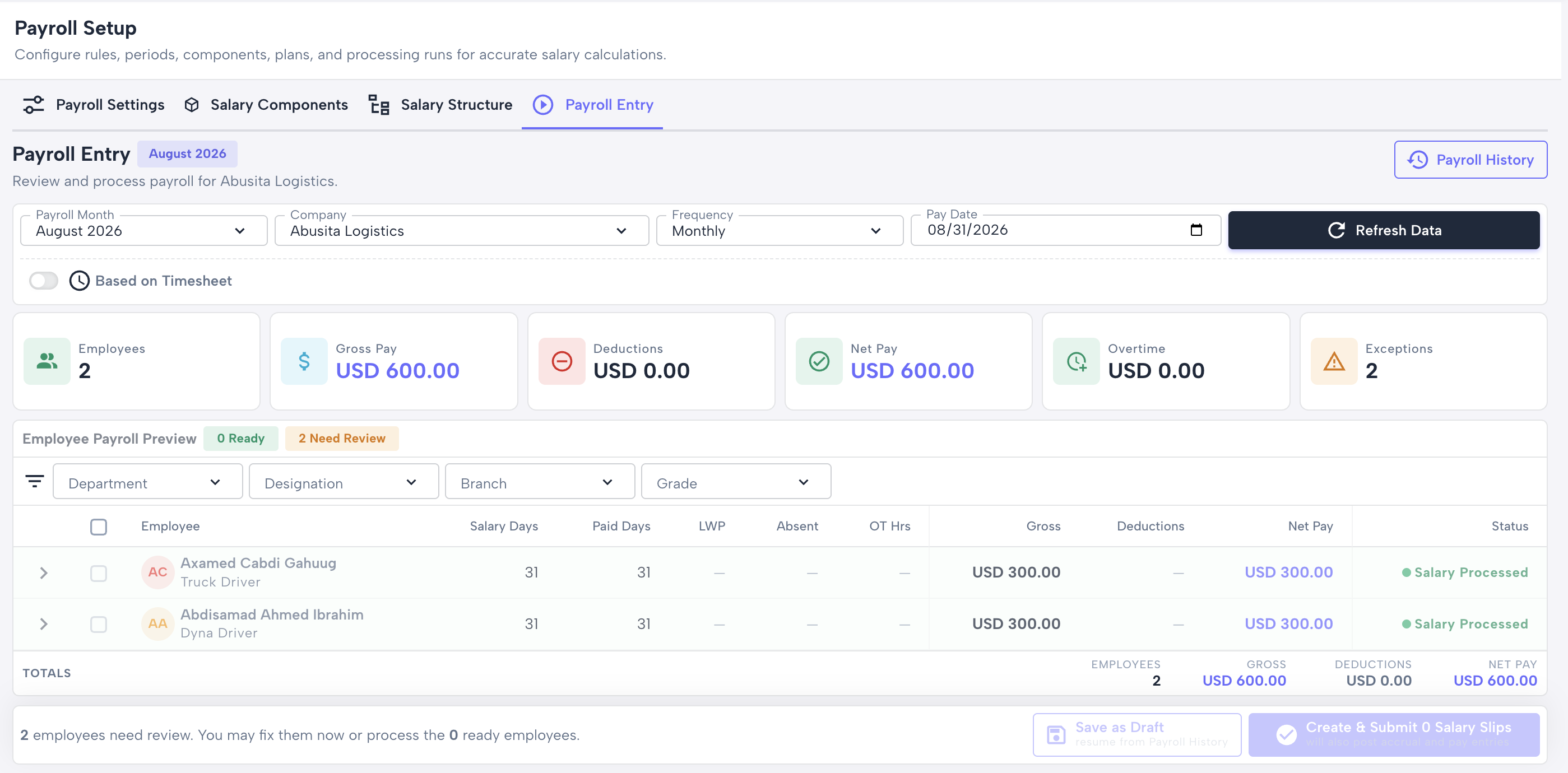 Mugen HRMS — Payroll Entry