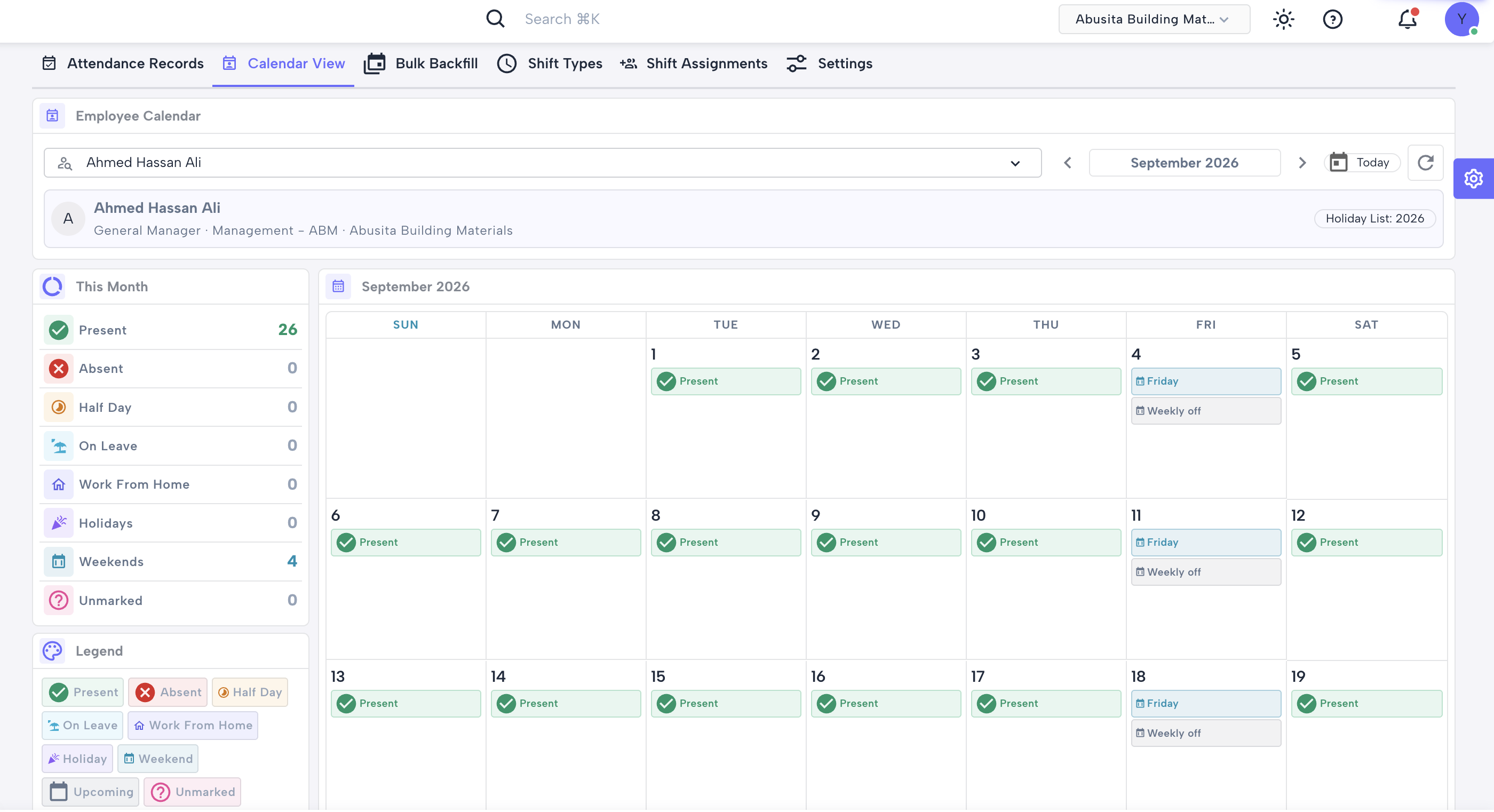 Attendance calendar view