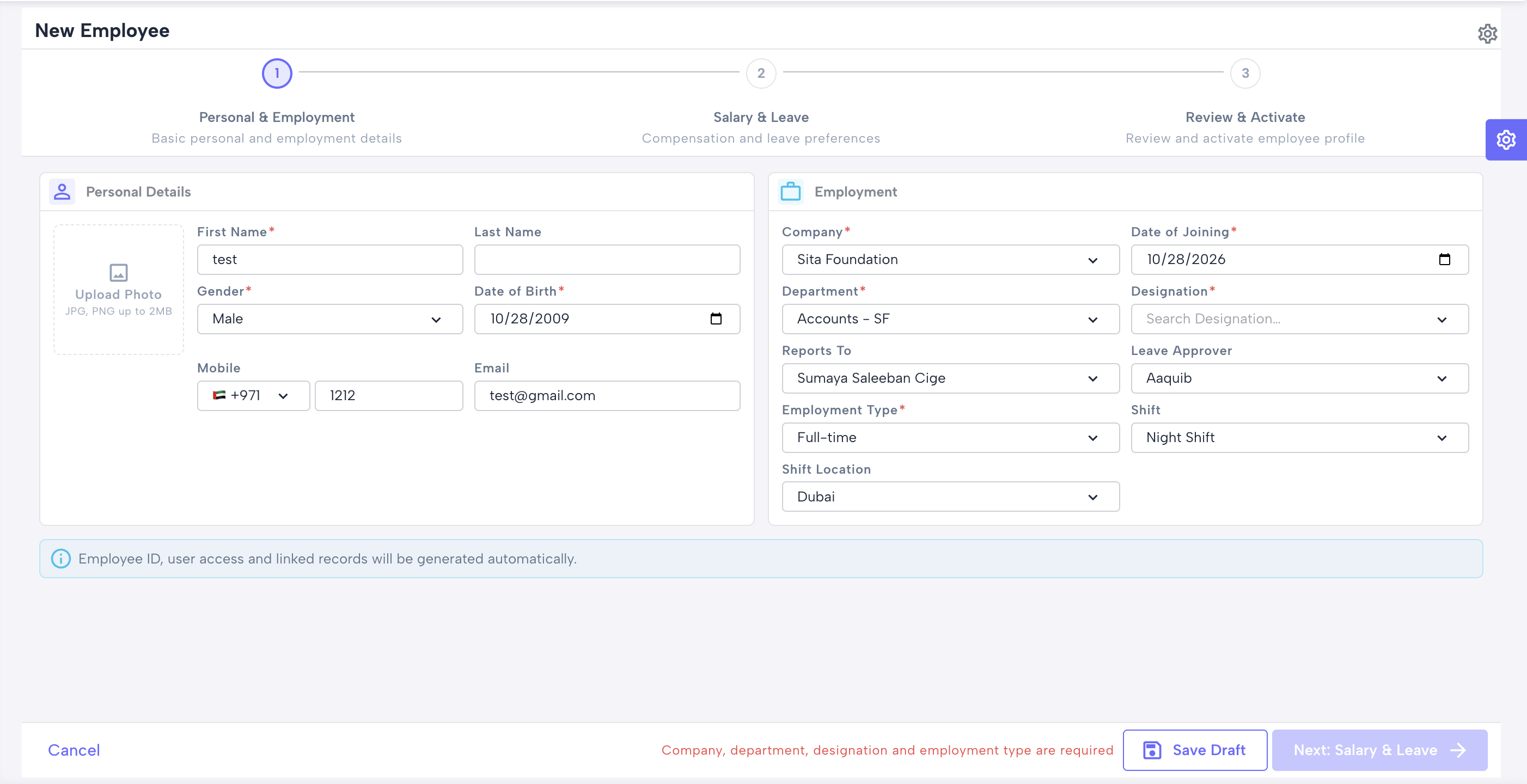 New employee — personal details